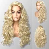 Pruik lichtblond mix lang haar veel krullen zonder pony