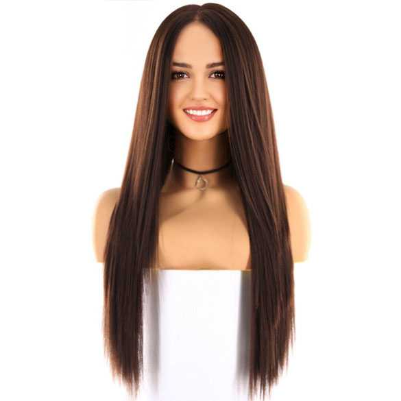 Swiss lace pruik lang steil medium bruin haar model Tabitha