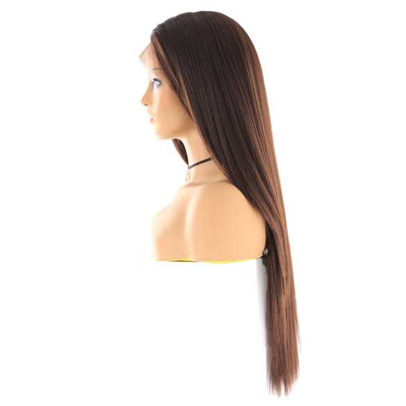 Swiss lace pruik lang steil medium bruin haar model Tabitha