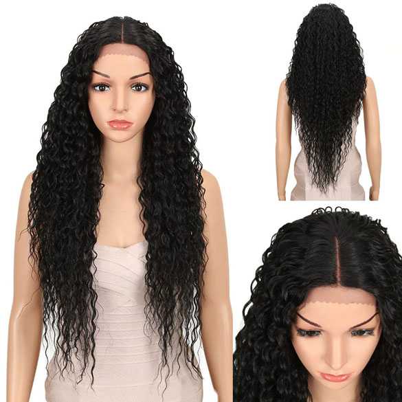 Swiss lace front pruik lang zwart golvend haar model Kelly