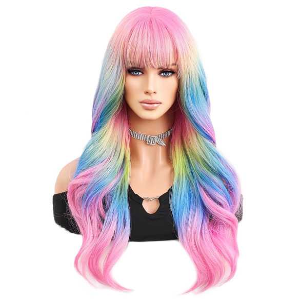 Carnaval sorbet kleuren pruik lang haar met slagen met pony
