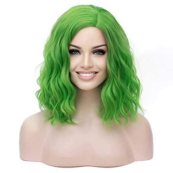 Carnaval pruik gif groen schouderlang haar met golfjes zonder pony