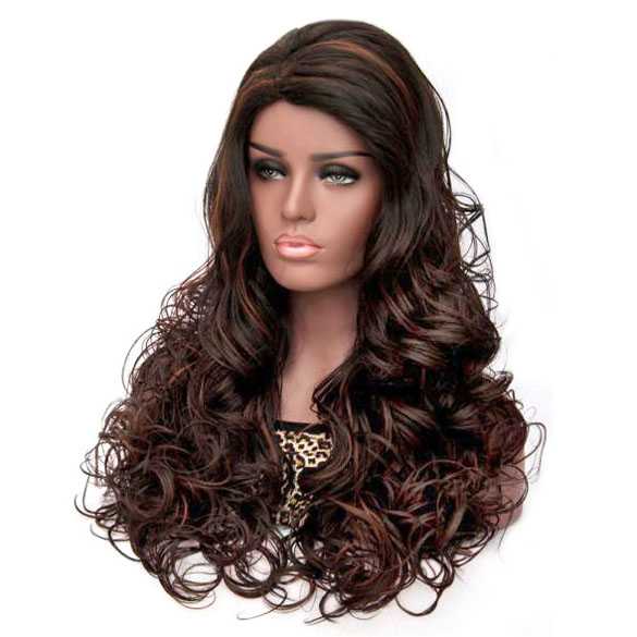 Pruik lang krullend haar zonder pony in 3-kleuren bruinmix