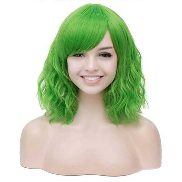 Carnaval pruik met gif groen schouderlang haar met golfjes
