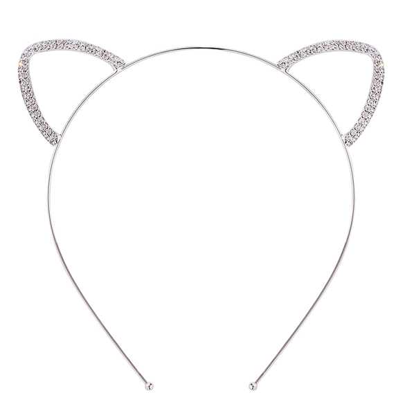 Luxe zilverkleurige haarband model katten oortjes met diamantjes
