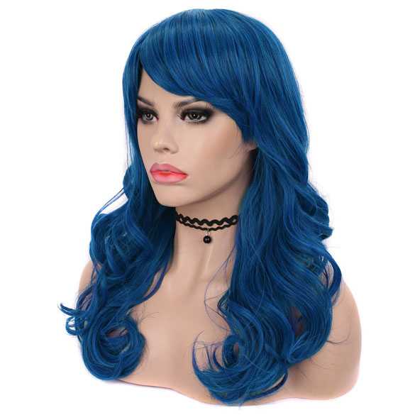 Luxe carnaval pruik lang haar met krullen Ocean Blue