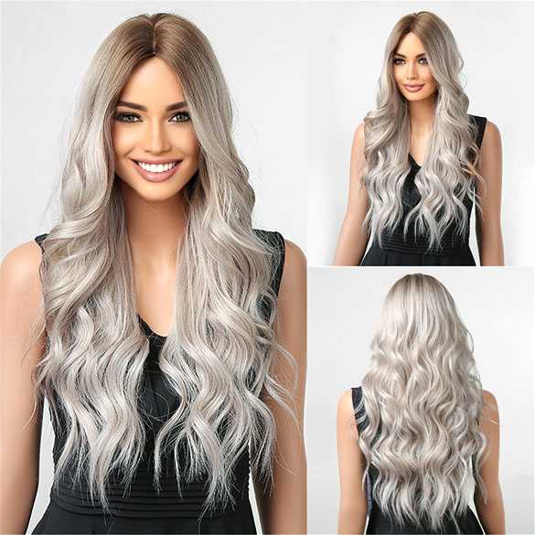 Pruik lang haar met grove slagen in laagjes zilverblond model Carmen