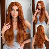 Swiss lace front pruik lang koperrood haar met slagen model Haline