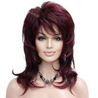 Moderne pruik schouderlang in laagjes zwart wijnrood mix