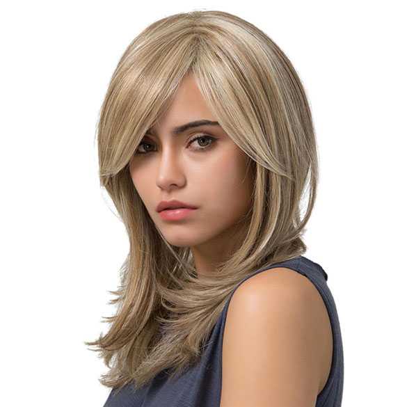 Pruik halflang steil haar in laagjes blondmix model Laura
