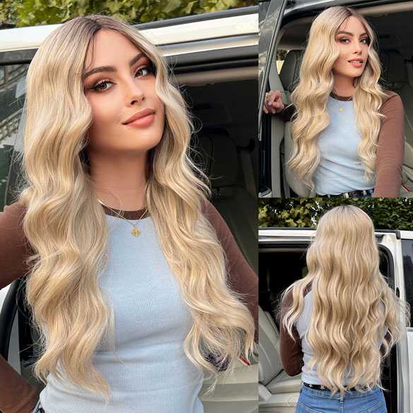 Swiss lace pruik lang roomblond haar zonder pony model 66030