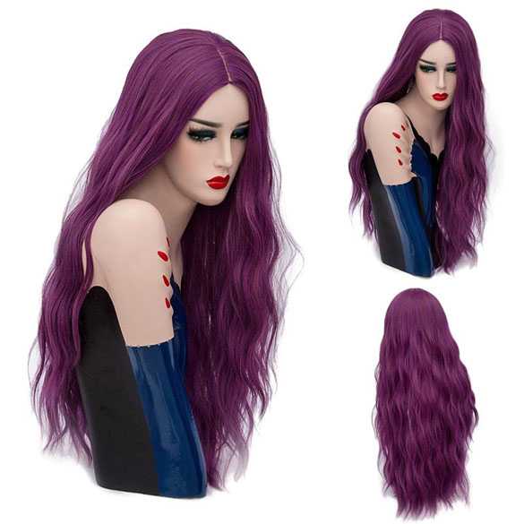 Gothic pruik lang haar met golfjes in paars mix
