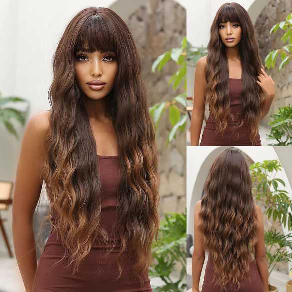 Ombre pruik lang haar wave slagen met pony model 2029