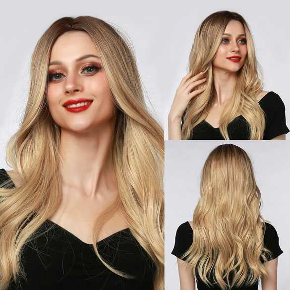 SALE : Pruik licht goudblond lang haar met grove slag model 007