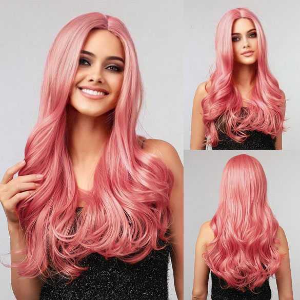 Luxe carnaval pruik roze lang haar met krullen model 6035