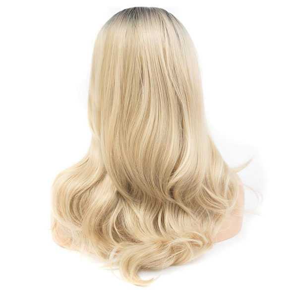 Blonde pruik lang haar met zwarte roots zonder pony