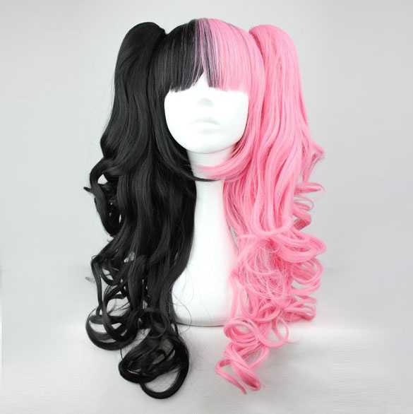 Pruik duo-color zwart roze met 2 staarten op klem