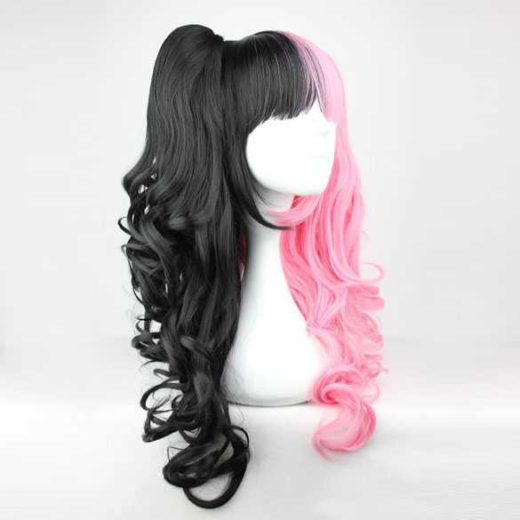 Pruik duo-color zwart roze met 2 staarten op klem
