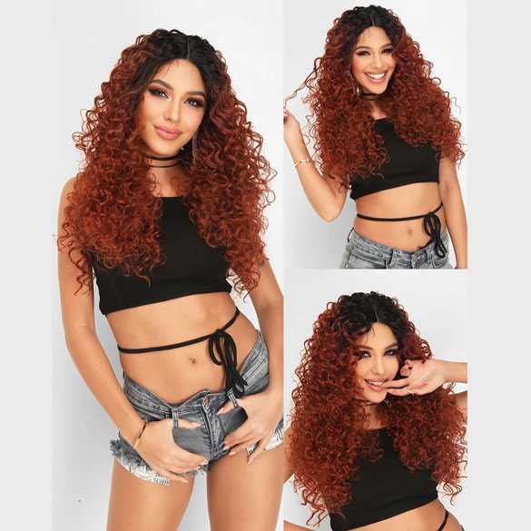 Luxe lace front pruik lang krullend koperrood haar Kenzi