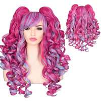 Multi color pruik lang haar met krullen + 2 staarten op klem Magenta Blauw Roze