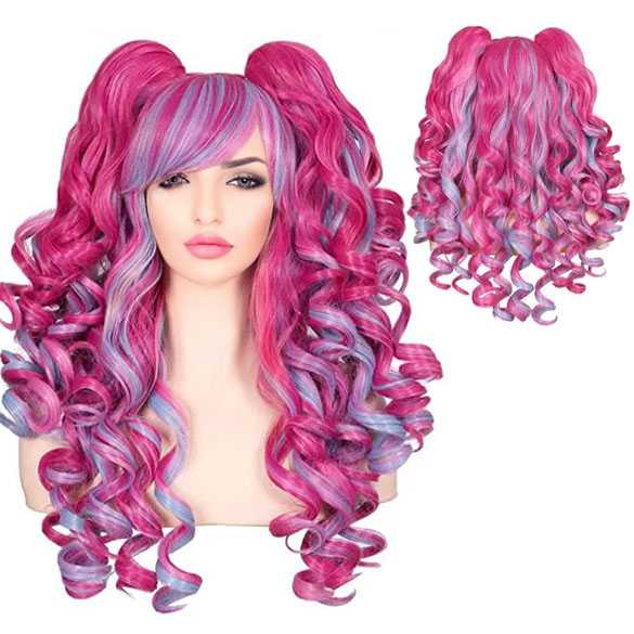 Multi color pruik lang haar met krullen + 2 staarten op klem Magenta Blauw Roze