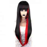 AANBIEDING : Gothic Carnaval Vampier pruik lang steil haar zwart rood