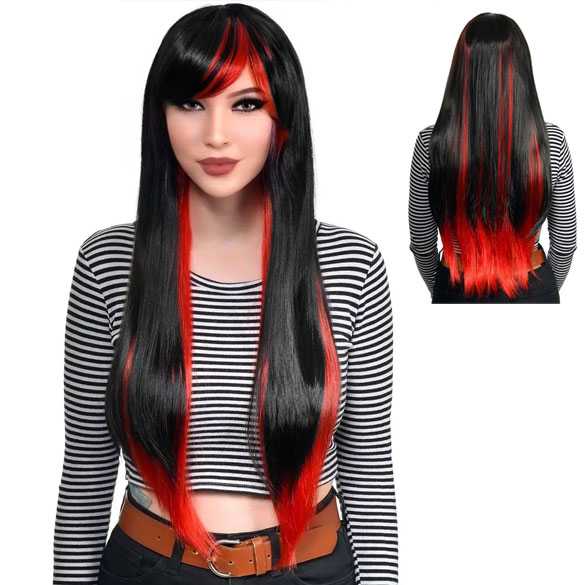Gothic Vampier pruik lang steil haar zwart rood