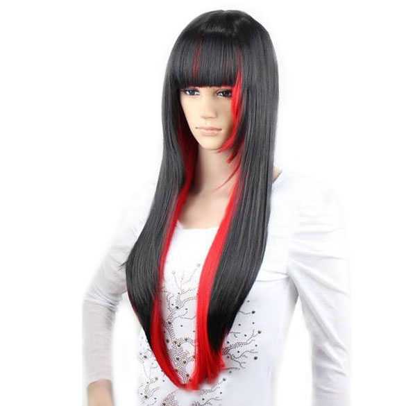 AANBIEDING : Gothic Halloween Vampier pruik lang steil haar zwart rood