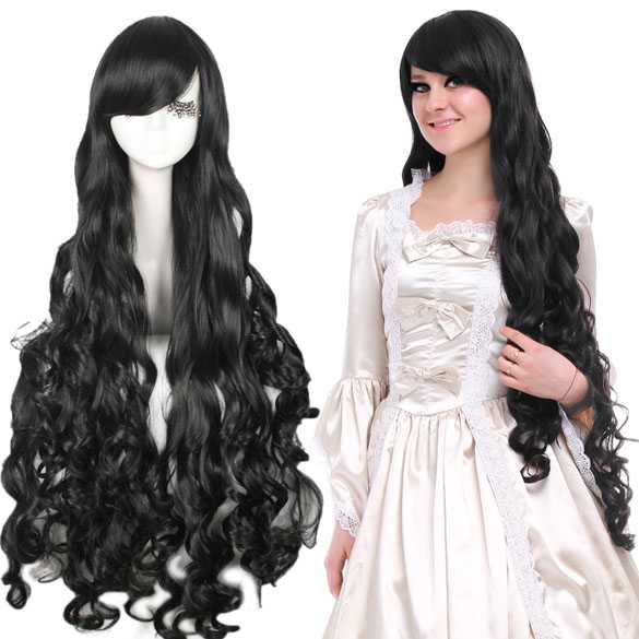 Gothic pruik lang zwart krullend haar lengte 100cm