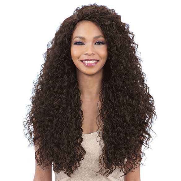 Pruik lang bruin krullend haar model Lakeisha