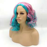 Carnaval pruik turquoise roze kort met krullen zonder pony