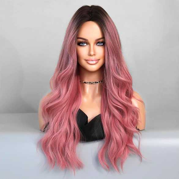 Luxe carnaval pruik lang roze haar met slagen zonder pony