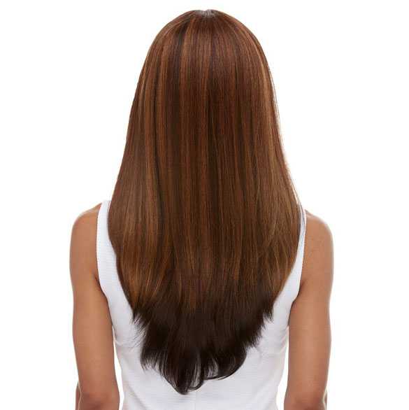 Lace pruik met lang steil haar in laagjes bruinmix Twilight