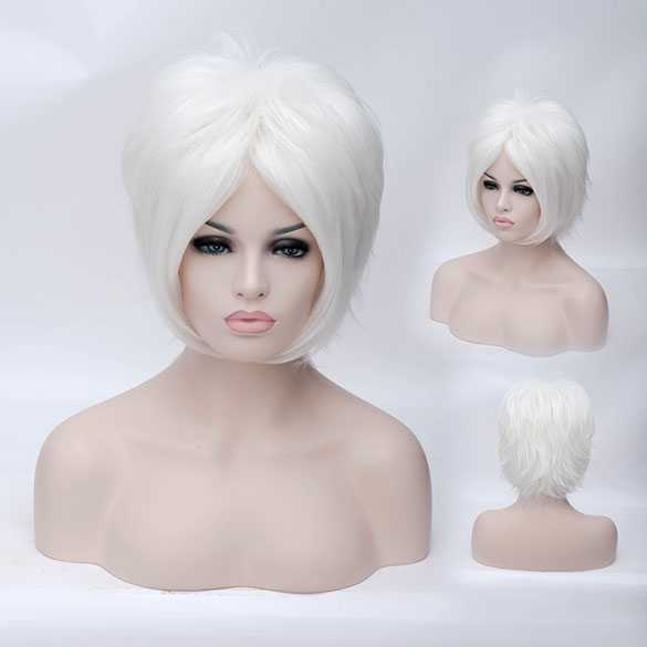 Cosplay Manga pruik sneeuw wit kort haar lange lagen