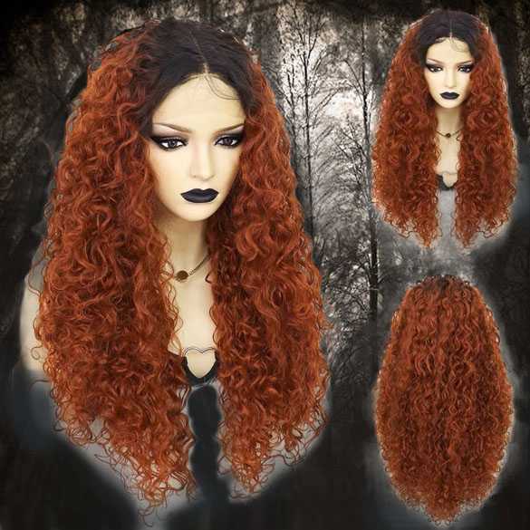 Luxe HALLOWEEN lace front pruik lang krullend koperrood haar