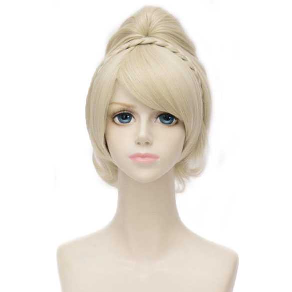 Sprookjes pruik kort blond met klem staart en vlechtje model Elfje