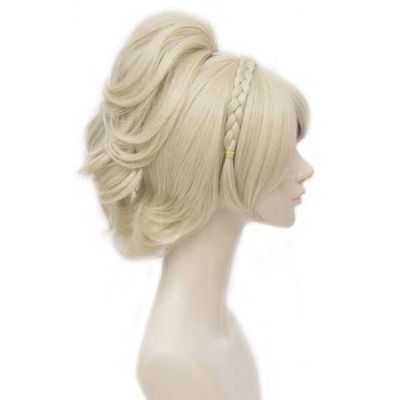 Sprookjes pruik kort blond met klem staart en vlechtje model Elfje
