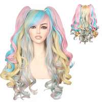 Luxe pastel multi color pruik lang haar met krullen + 2 staarten op klem