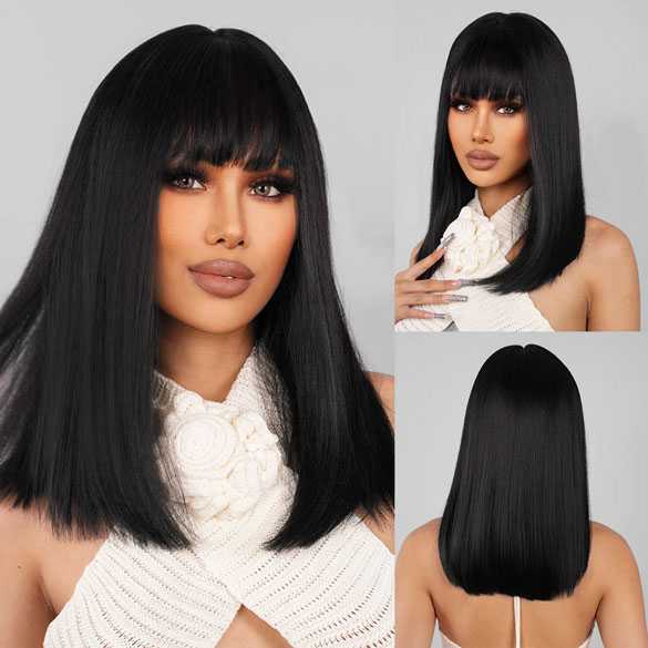 Pruik lang zwart steil haar model met pony