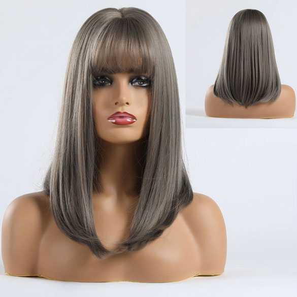 Pruik grijs lang steil haar bob model met pony