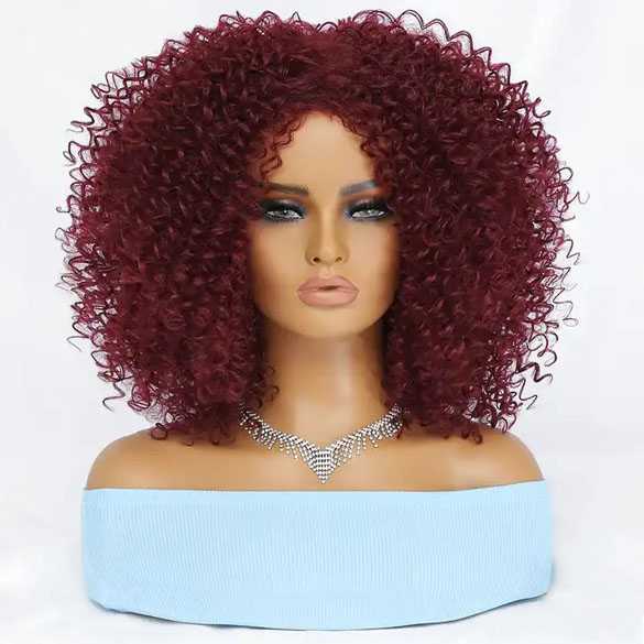 Pruik afro kleine spiraalkrullen schouderlang model 1037 WIJNROOD