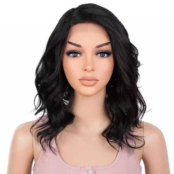 Lace front pruik schouderlang bob model kleur zwart model Carli