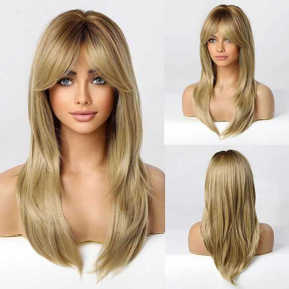 Pruik lang steil blond haar in laagjes met donkere roots model 259 4
