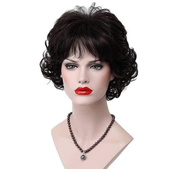 Moderne pruik met kort krullend haar zeer donkerbruin kleur 2