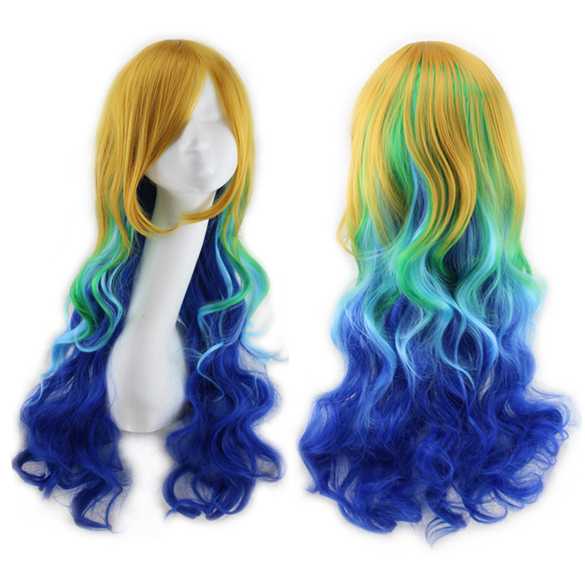 AANBIEDING : Multicolor Rainbow Festival pruik lang haar met krullen