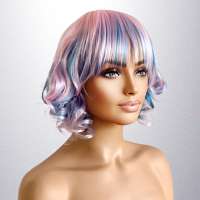 Carnaval pruik kort krulletjes haar roze blauw met pony