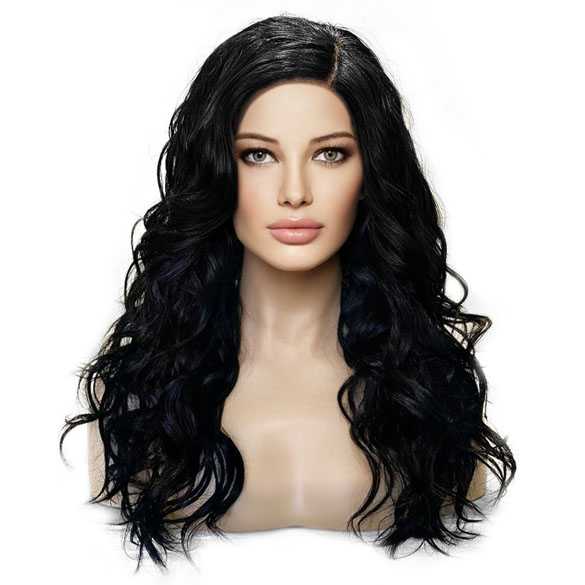 Swiss lace pruik lang zwart haar beach wave krullen Calyx