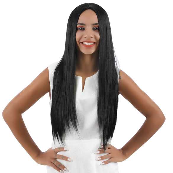 Pruik zwart lang steil haar in lagen model zonder pony