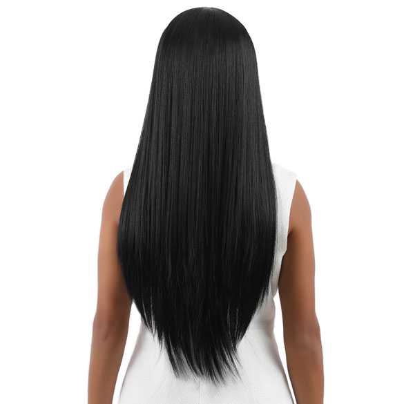 Pruik zwart lang steil haar in lagen model zonder pony