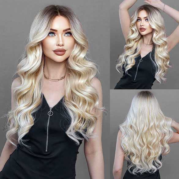 Swiss lace front pruik lang haar witblond mix model Yuli